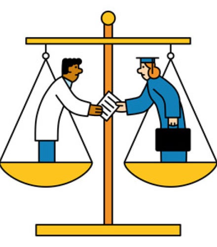Pixel art of a scale with a doctor and a businesswoman in balance, shaking hands. The doctor wears a lab coat, and the businesswoman holds a briefcase.