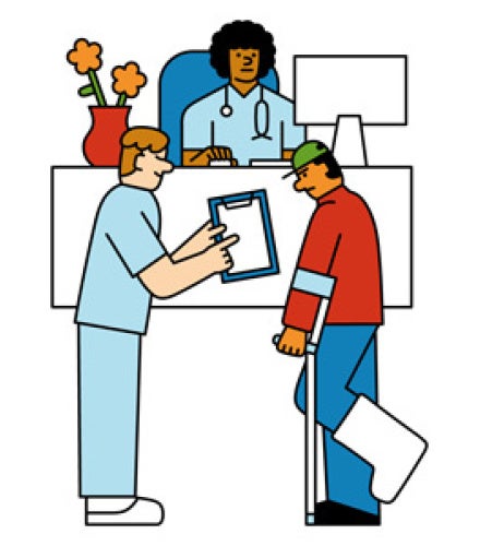 Pixelized illustration of a healthcare worker assisting an injured person on crutches while a receptionist observes. A vase with flowers sits on the counter, creating a calming atmosphere. 