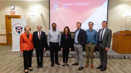 Sharona Hoffman (center) with assembled Harvard Law faculty members