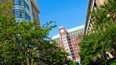 Clock tower outside the biomedical research building