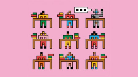 Pixel art of nine figures at desks against a pink background. The upper-right figure, having a robot-like look, raises a hand with a speech bubble above, symbolizing communication.