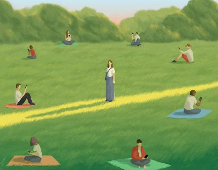 An illustration of people sitting on blankets in a grassy field, all alone and absorbed with their phones, while one person stands alone in the center.