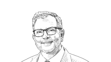 A black and white portrait illustration of President Eric W. Kaler