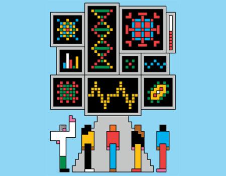 Illustration of people looking up a computer pixels