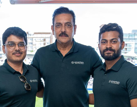 The Smartan.ai team of Sanjay Thiyagarajan, Ravi Shastri and Arunesh Raja pose for a photo outside
