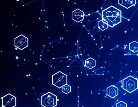 Photo illustration demonstrating the concept of medical technology with interconnected health-related icons