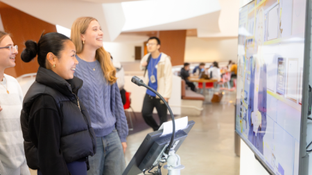 Students engaging with the lobby avatar screen