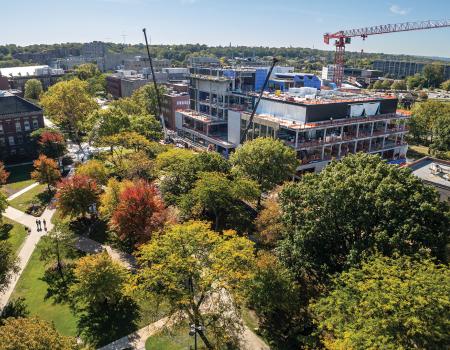 CWRU quad drone photo showing progress on the ISEB building