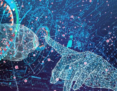 Photo illustration representing advanced medical technologies with a digitized brain and hand