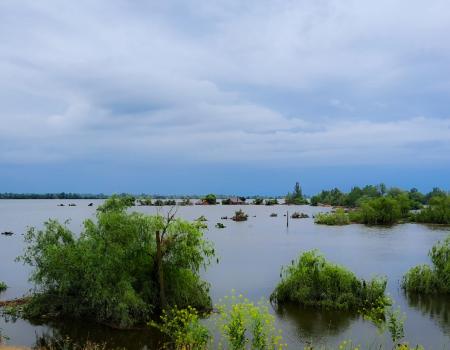 View from the mountain of the flooded sports stadium, trees and houses after the dam tragedy in the city of Kakhovka