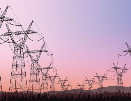 Photo of power lines in a power grid against a purple-pink sky