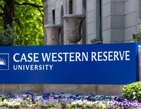 Bright blue sign reading "Case Western Reserve University"