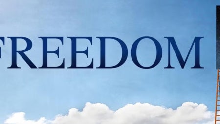 The word "FREEDOM" is written in bold against an image of a blue sky, with clouds and a ladder to an inset frame on the right.