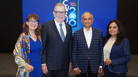 Mrs. Karen F. Kaler and President Eric W. Kaler posing with Shailesh and Kalpa Mehta at the bicentennial event in Mumbai.