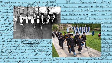 To the left, an old photo of graduates in black and white, overlaying cursive text. To the right, a photo of modern graduates walking past a CWRU sign, celebrating diversity in education.