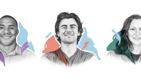 Illustrated portraits of three smiling individuals. Each has colorful abstract splashes in the background—purple, red, and green