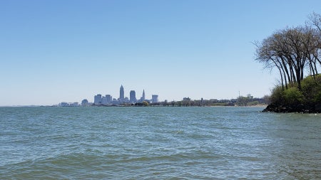 A calm lake with gentle waves is in front of the Cleveland skyline, visible in the distance. A cluster of trees stands on the right shoreline.