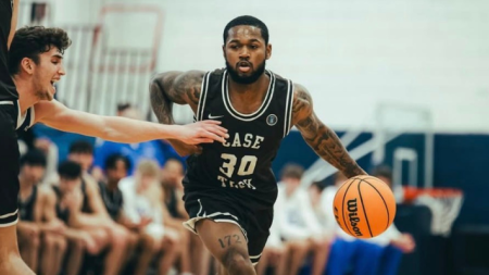 Ethan Edwards in action during a basketball game. 