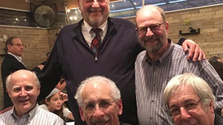 Photo from the 50th reunion dinner. Top row (l-r): Doug Smock (ADL ’70) and Paul Kerson (ADL ’72; GRS ’72, political science). Bottom row (l-r): Blake Lange (CIT ’72), Wayne Gottlieb (CIT ’71) and Jon Poole (ADL ’70; GRS ’72, education; MGT ’73).