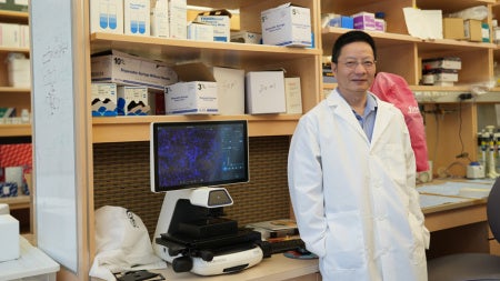 Zhenghe “John” Wang, in a lab coat, stands next to a screen showing a fluorescence image of tumor tissue. In the background are shelves filled with laboratory equipment. 