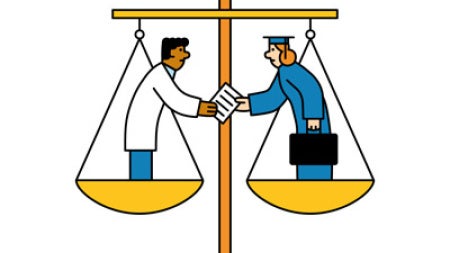 Pixel art of a scale with a doctor and a businesswoman in balance, shaking hands. The doctor wears a lab coat, and the businesswoman holds a briefcase.