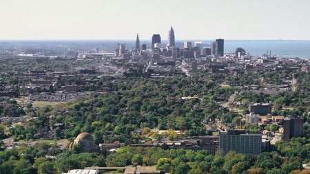 An aerial view of Cleveland from the CWRU campus.