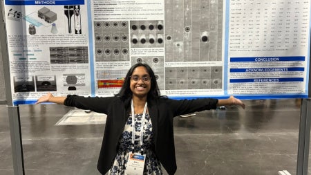 Alicia Mathew presents her research, titled "Biofilm around a single rising oil droplet in natural seawater samples under various conditions using ecology-on-a-chip microfluidics