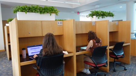 Two students work at graduate carrel desks at Kelvin Smith Library.
