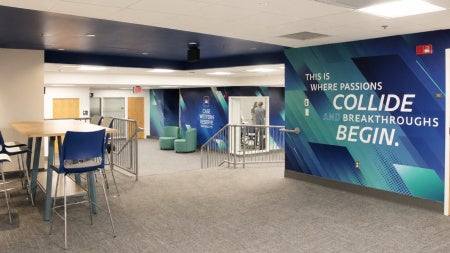 View of Nord Hall lobby and 204 classroom