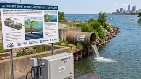 A stormwater outfall pipe discharges water into Lake Erie beside a sign describing an AI-powered smart sewer project to protect water quality.