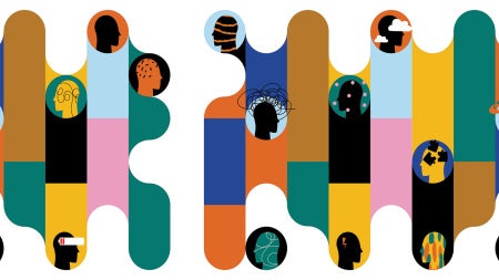 Photo illustration showing strips of colors in abstract orientations with illustrations of the mind throughout, each using lines or other images demonstrating distress