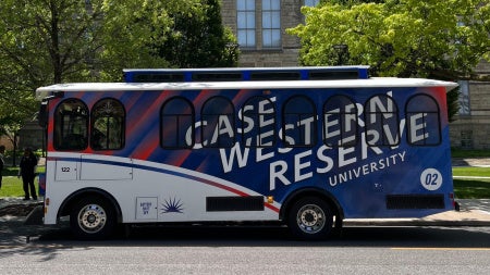 View of a CWRU-branded trolley