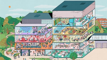 Illustration depicting a cross-section view of the five-story Interdisciplinary Science and Engineering Building, with illustrated people working in various colorful, science-themed rooms, including laboratories, offices, and gathering areas, surrounded by trees on a campus setting.