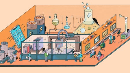 An illustration of a space in the Interdisciplinary Science and Engineering building shows researchers, glassware, oversized batteries, tanks, and machinery across orange workstations.
