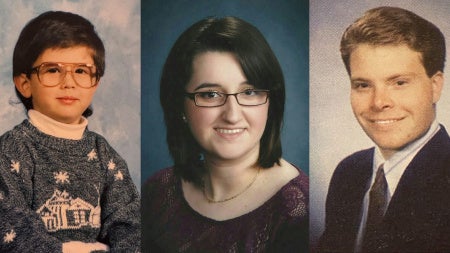 Three side-by-side-by-side school photos of Andrew Mancuso in elementary school, Phaedra Norrell in high school and Brock Schroeder in high school