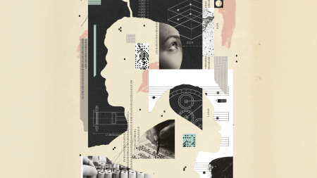 A vintage-style collage combines a woman’s eye, a silhouetted profile, diagrams, text, and industrial imagery on cream paper, creating a mysterious, analytical mood.