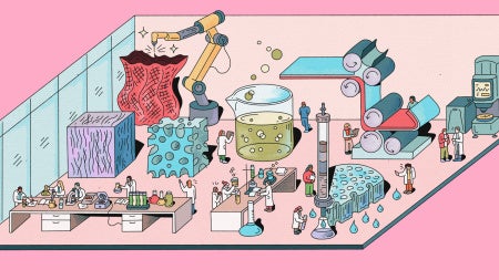 Illustration of a materials science lab in the Interdisciplinary Science and Engineering Building with researchers in lab coats working at benches of glassware and microscopes, surrounded by oversized material samples, a robotic arm, a large beaker of bubbling liquid, a roller press, and a testing machine.