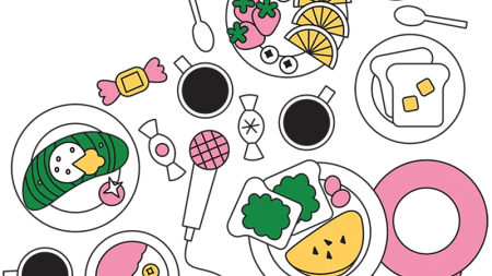 A playful black-background illustration of colorful snacks and lunch foods—fruit, candy, citrus wedges, peas, and a fish sandwich—arranged like a cheerful picnic.