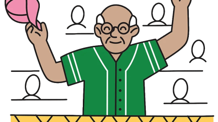 Illustration of a bald, bespectacled referee in a green striped shirt raises one arm and holds a pink ball, cheering behind a yellow barrier before a shadowy crowd.