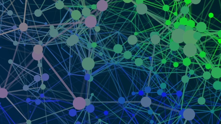 Dots connected with colorful lines on a dark blue background