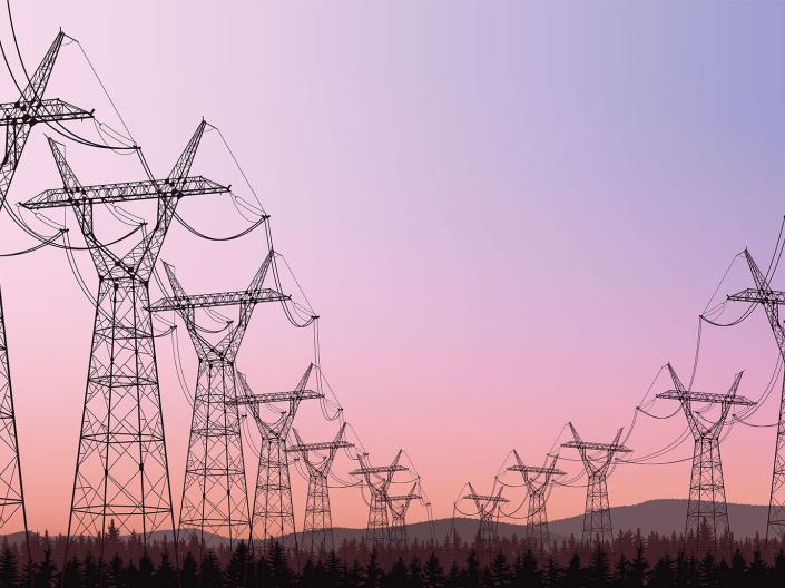 Photo of power lines in a power grid against a purple-pink sky