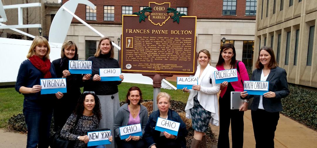 DNP Students gather in front of the historical marker outside the Frances Payne Bolton School of Nursing at Case Western Reserve University in Cleveland, Ohio. doctorate nursing, nursing doctorate