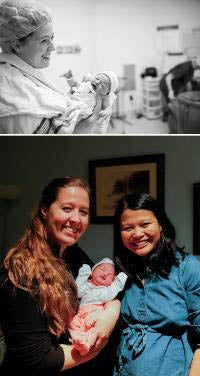 Picture of Erin Stein posing with a patient and her newborn after birth.