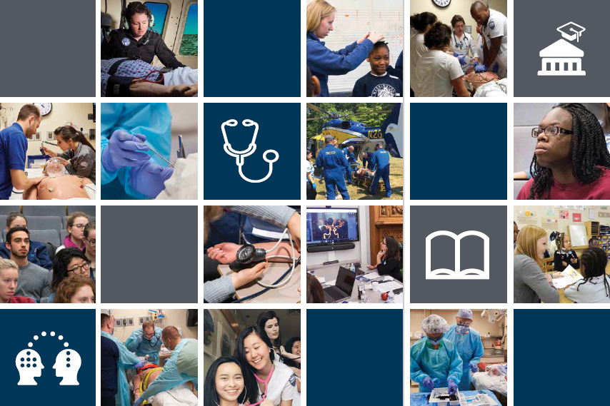 Photo and graphic collage showing snapshots of nursing in training, class, and having fun.