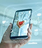 photo of a person holding a cell phone depicting various digital icons