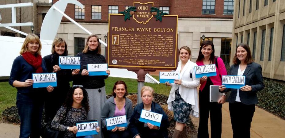 DNP Students gather in front of the historical marker outside the Frances Payne Bolton School of Nursing at Case Western Reserve University in Cleveland, Ohio. doctorate nursing, nursing doctorate