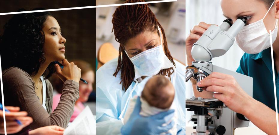 Photo collage of nursing students listening to a lecture, and performing duties in a clinic.