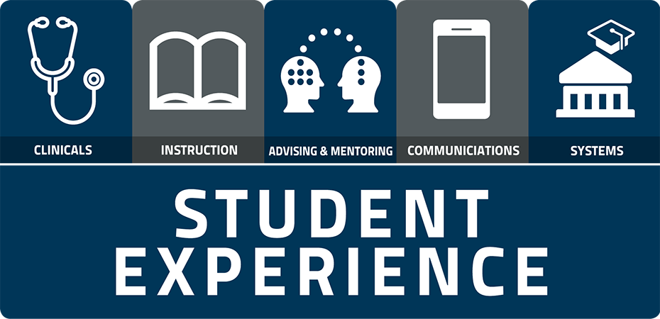 Student Experience logo featuring icons for clinicals, instruction, advising and mentoring, communications, and systems.