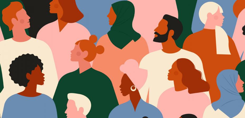 Illustrated collage of a diverse and multicultural group of people.