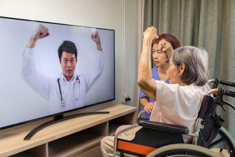Physical Therapy rehabilitation session between doctor and wheelchair patient via Telehealth meeting